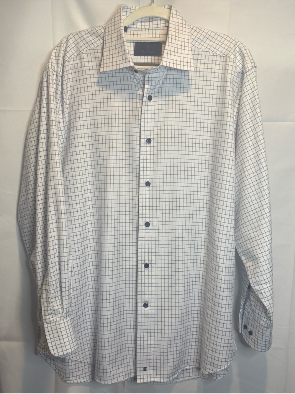 David Donahue White Dress Shirt with Navy Grid